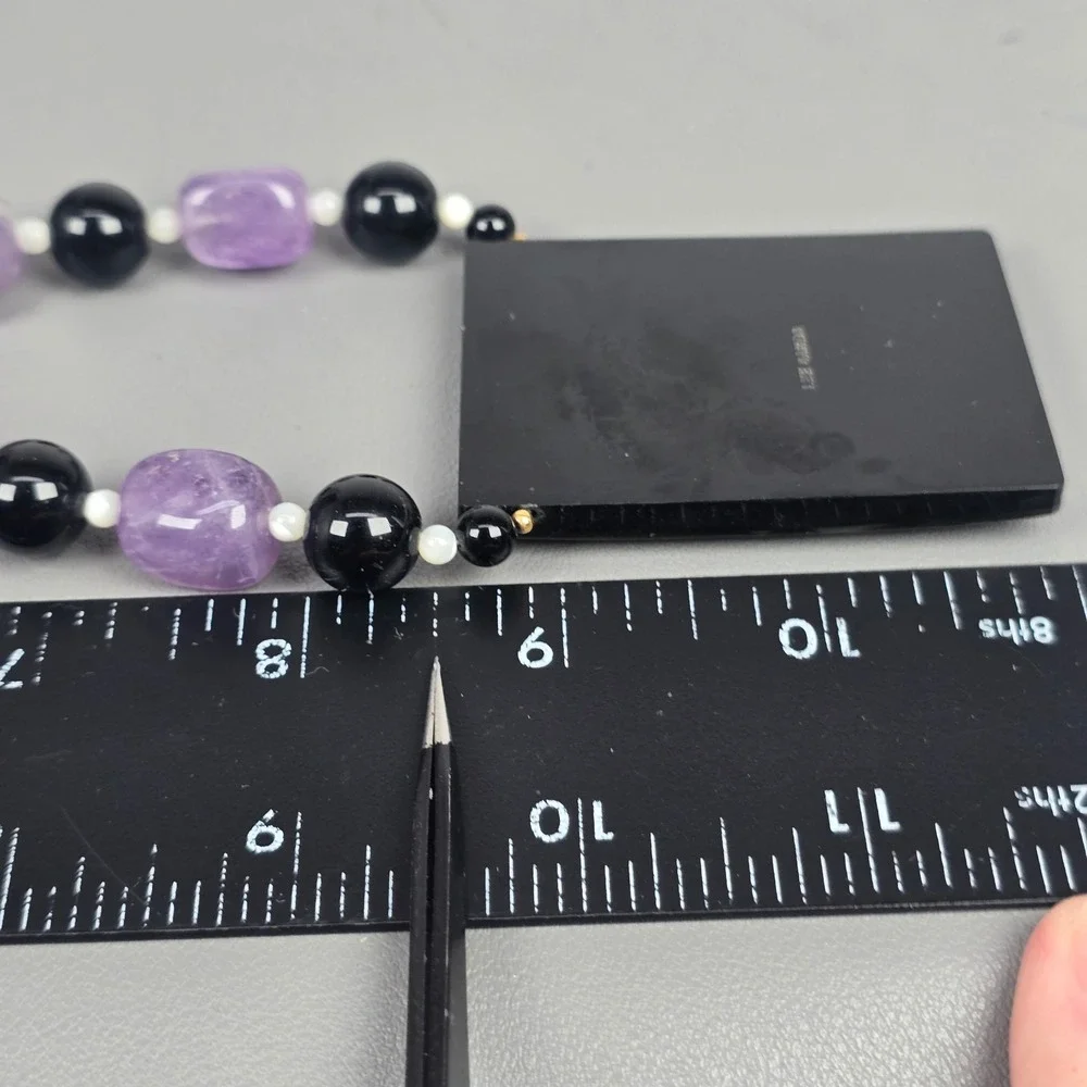 Vintage Lee Sands Mother of Pearl Floral Inlay Necklace Amethyst Black Beads 17